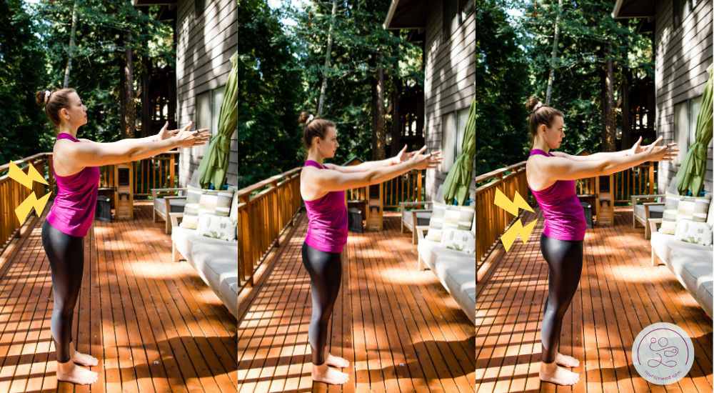 Three different postpartum alignments: On the left, I'm demonstrating an anterior pelvic tilt and extended posture. In the middle image, I'm demonstrating a stacked posture. And in the third image I'm demonstrating a sway back posture.